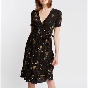 Fat Face Black floral midi knee length wrap dress